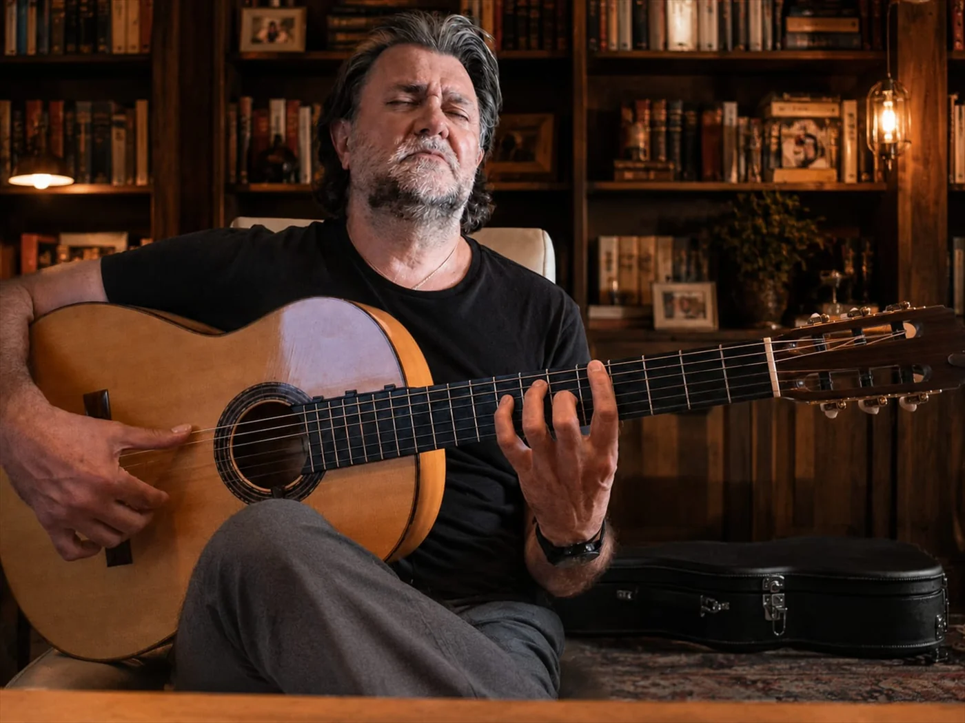 Antonio Segura jouant de la guitare dans une bibliothèque
